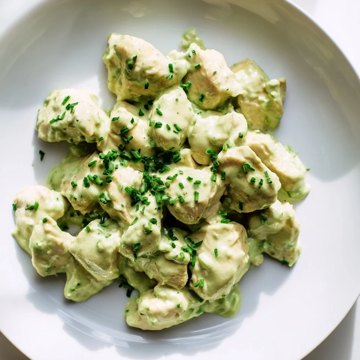 Sliced tomatoes and red onions top the Avocado Ranch Chicken Salad, drizzled with bright green dressing and ready to serve.