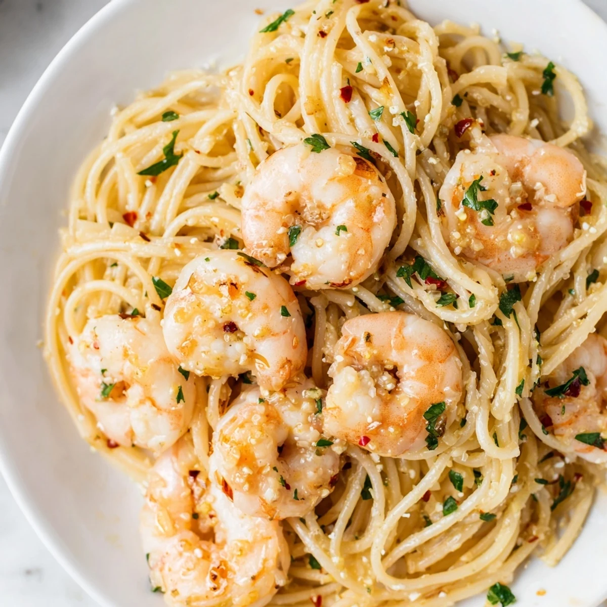 Freshly cooked spaghetti tossed with juicy lemon garlic shrimp and a silky butter sauce in a warm skillet.
