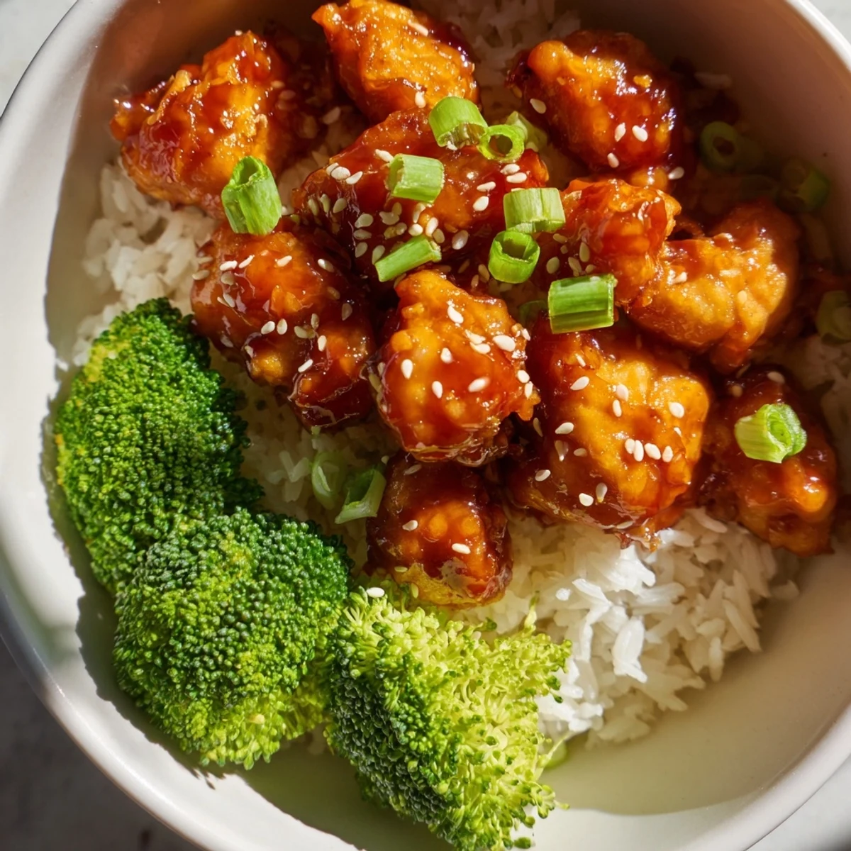 A close-up of a vibrant Sweet Chili Chicken Bowl with tender glazed chicken, fluffy white rice, and bright steamed broccoli florets, topped with green onions and sesame seeds.