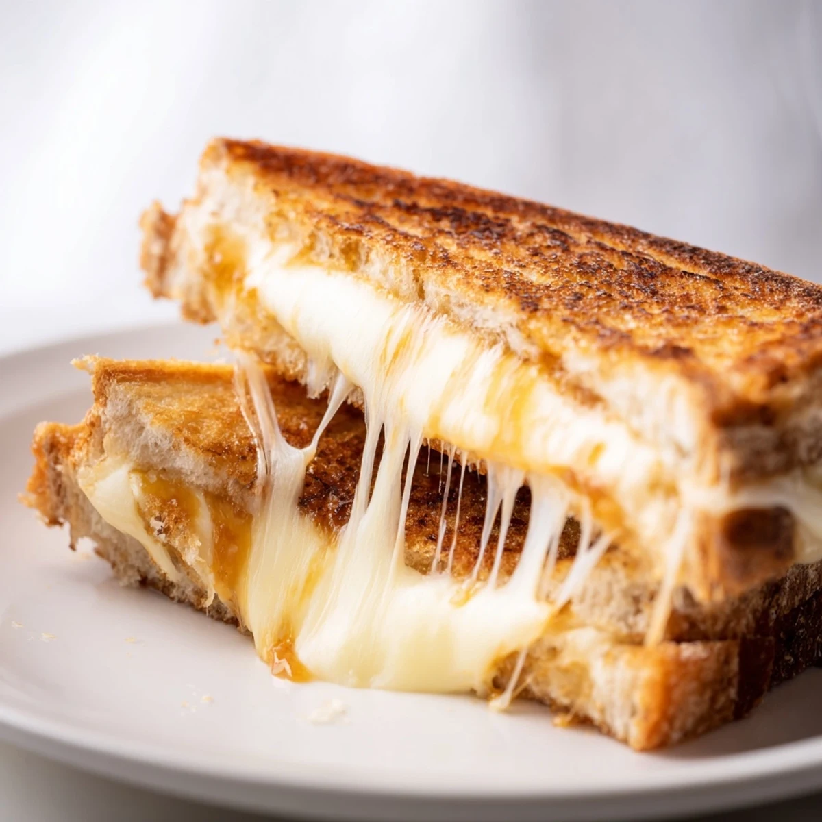 A close-up of a Three-Cheese Grilled Cheese being pulled apart, showing gooey strands of mozzarella, sharp cheddar, and provolone.