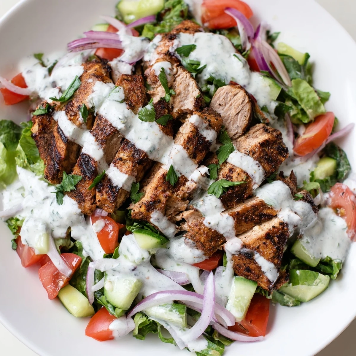 Vibrant Chicken Shawarma Salad with spiced grilled chicken, crisp cucumbers, tomatoes, and a creamy yogurt dressing served on a bed of greens.