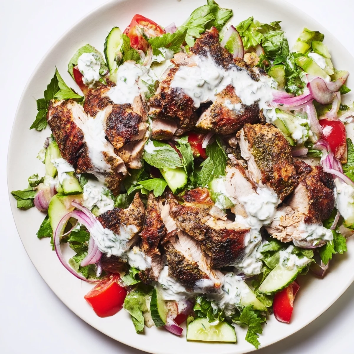 Juicy grilled Chicken Shawarma Salad nestled among fresh vegetables and herbs, drizzled with tangy Greek yogurt dressing for a flavorful main dish.