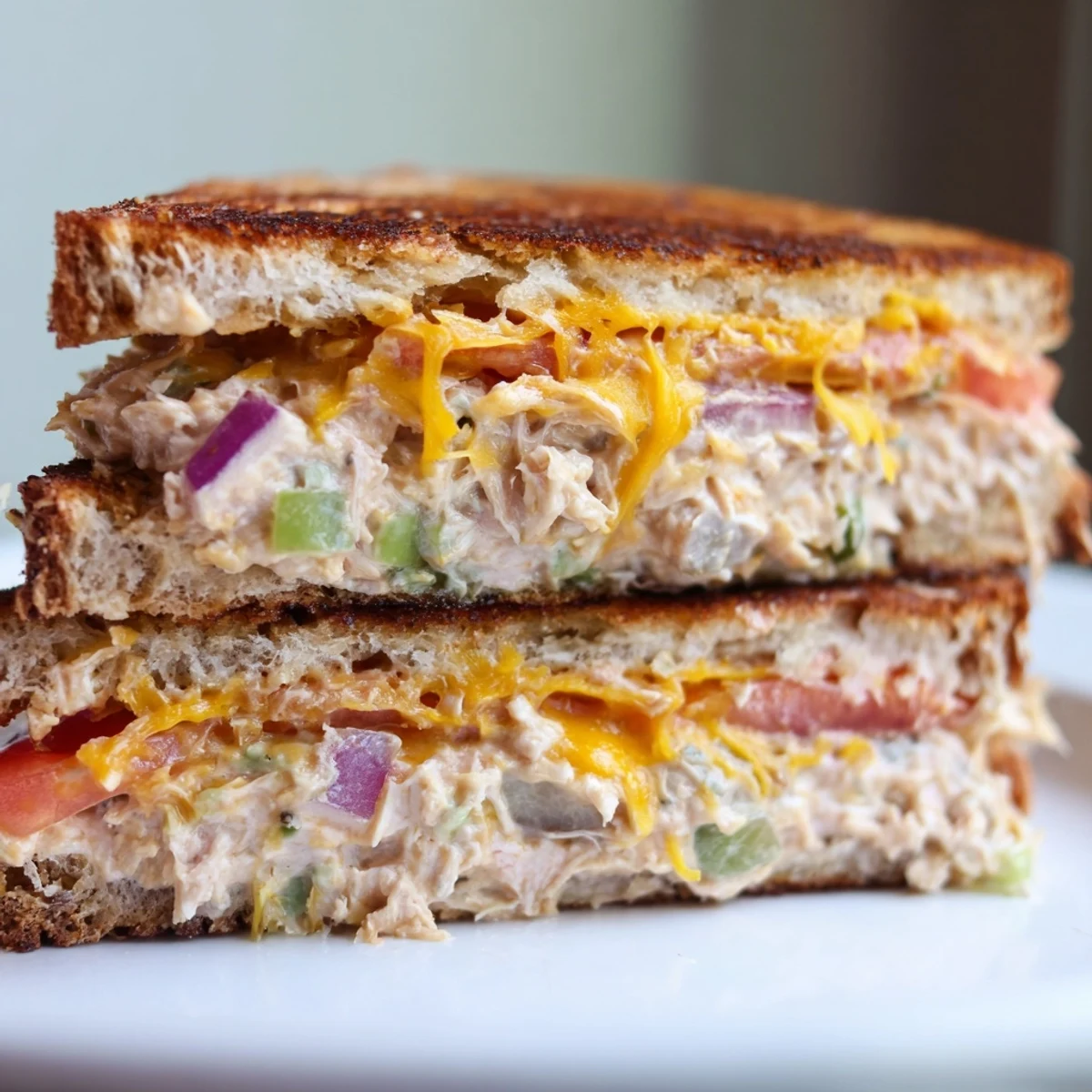 Golden-brown toasted sourdough bread cradling a melty cheddar and spicy tuna melt, served hot.