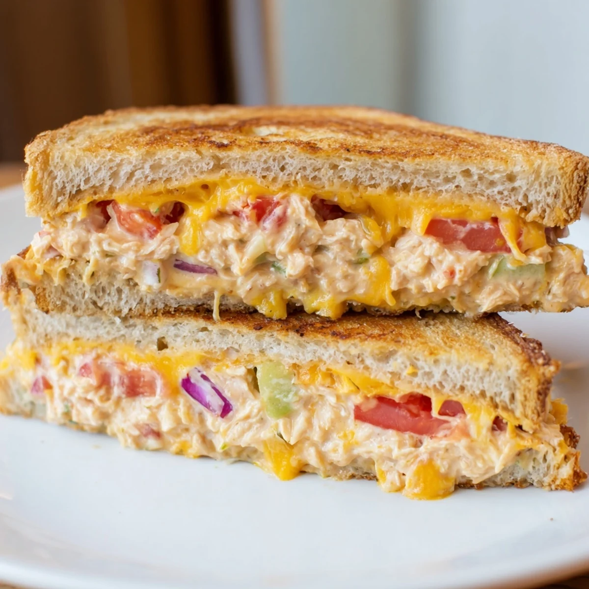 Spicy tuna melt with gooey melted cheese and fresh tomato slices on toasted sourdough.