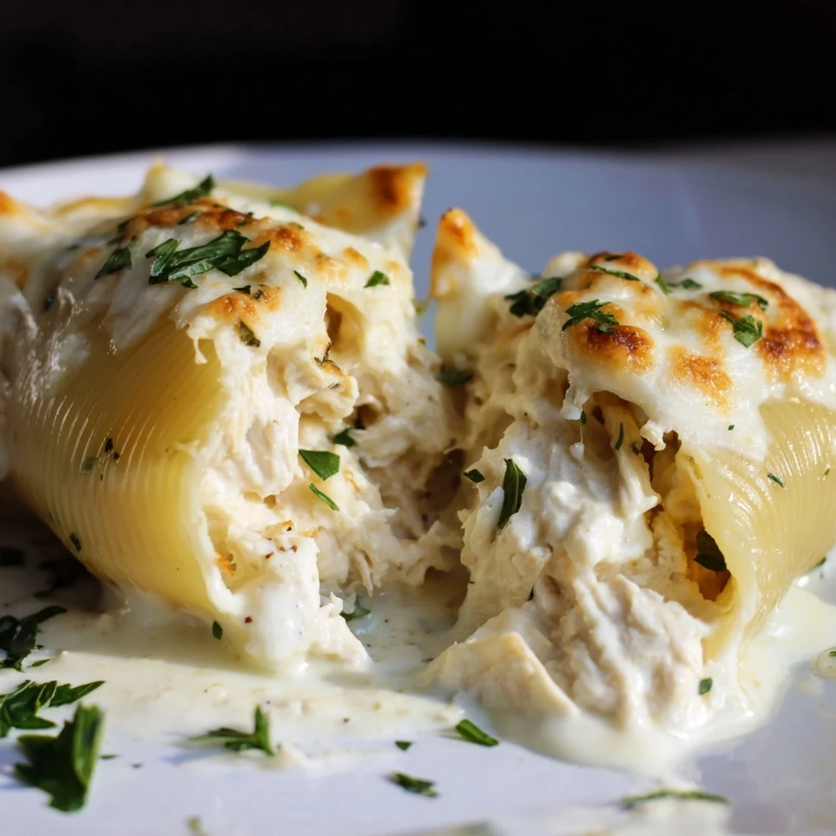 Golden-baked Chicken Alfredo Stuffed Shells bubbling with creamy cheese sauce and tender pasta in a white dish.