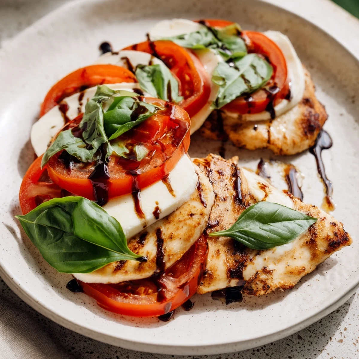 Golden-brown Caprese Chicken Skillet fresh from the stove, topped with melting mozzarella and ripe tomato slices.
