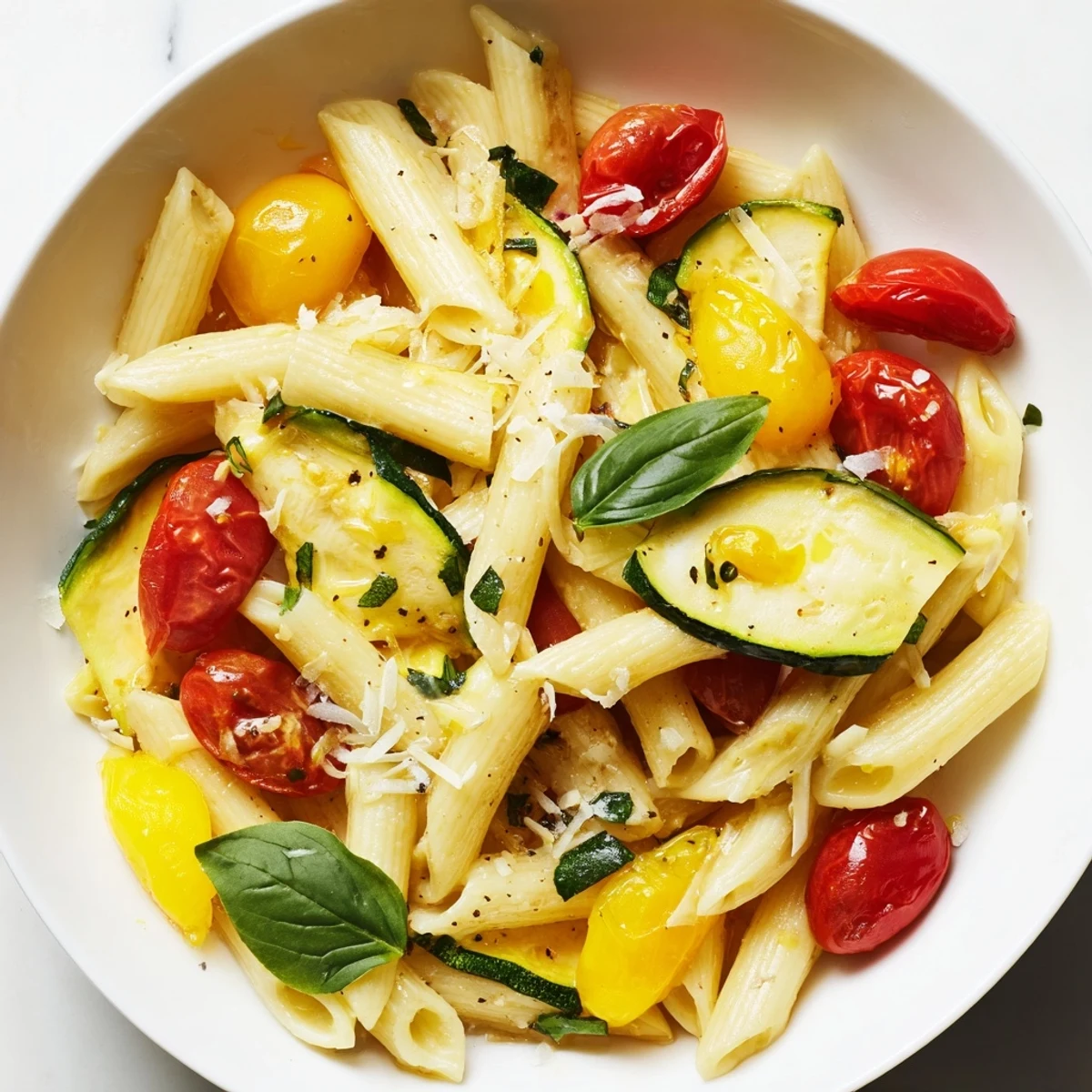 Fresh basil and Parmesan top a steamy bowl of Garden Veggie Pasta, a light summer vegetarian main dish.