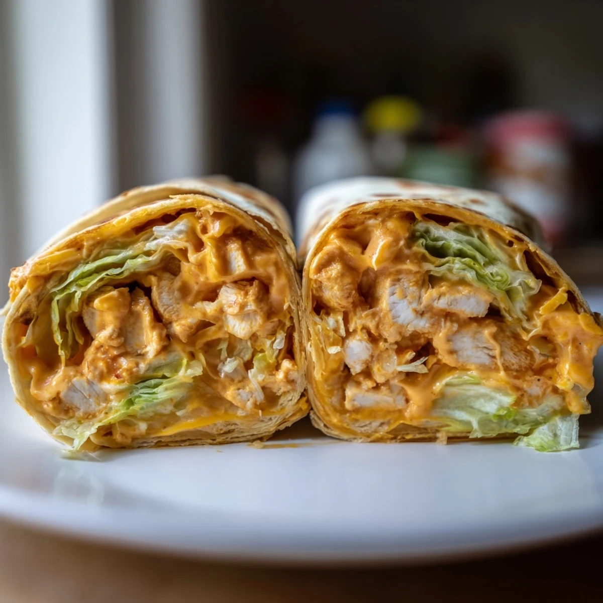 Golden-brown Buffalo Ranch Chicken Wrap sliced in half on a wooden board, showing melted cheddar, crisp romaine, and juicy buffalo chicken.