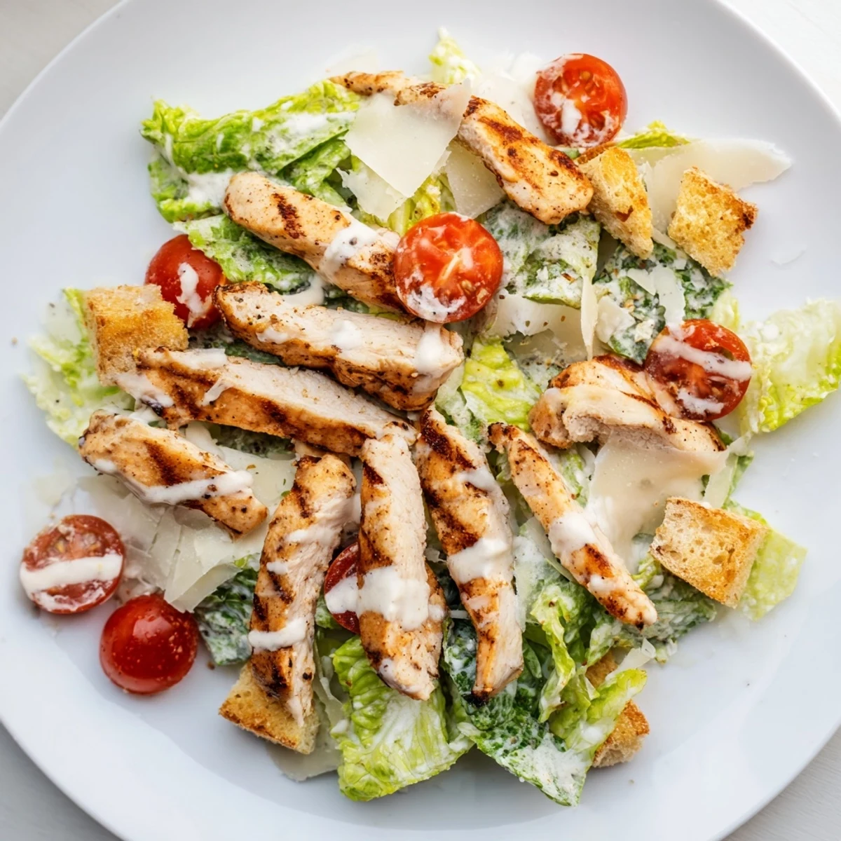 A vibrant bowl of Yogurt Caesar Grilled Chicken Salad with juicy grilled chicken, fresh cherry tomatoes, and shaved Parmesan cheese.