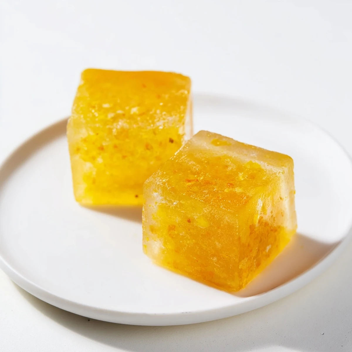 Close-up of translucent wellness cubes with lemon zest and spice specks, ready to dissolve into warm water or a morning smoothie.
