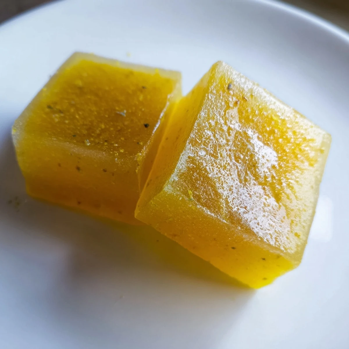 Freshly made wellness shot cubes, glowing with turmeric and ginger, perfect for adding a refreshing anti-inflammatory boost to your day.