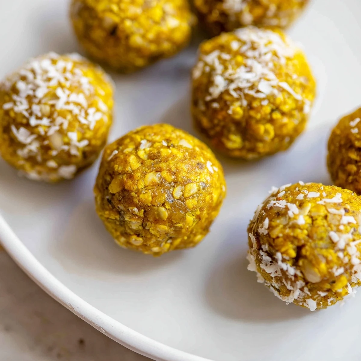 Golden no-bake Ginger Turmeric Energy Balls arranged on a white plate with hemp seeds sprinkled atop, served beside a steaming cup of golden milk latte.  