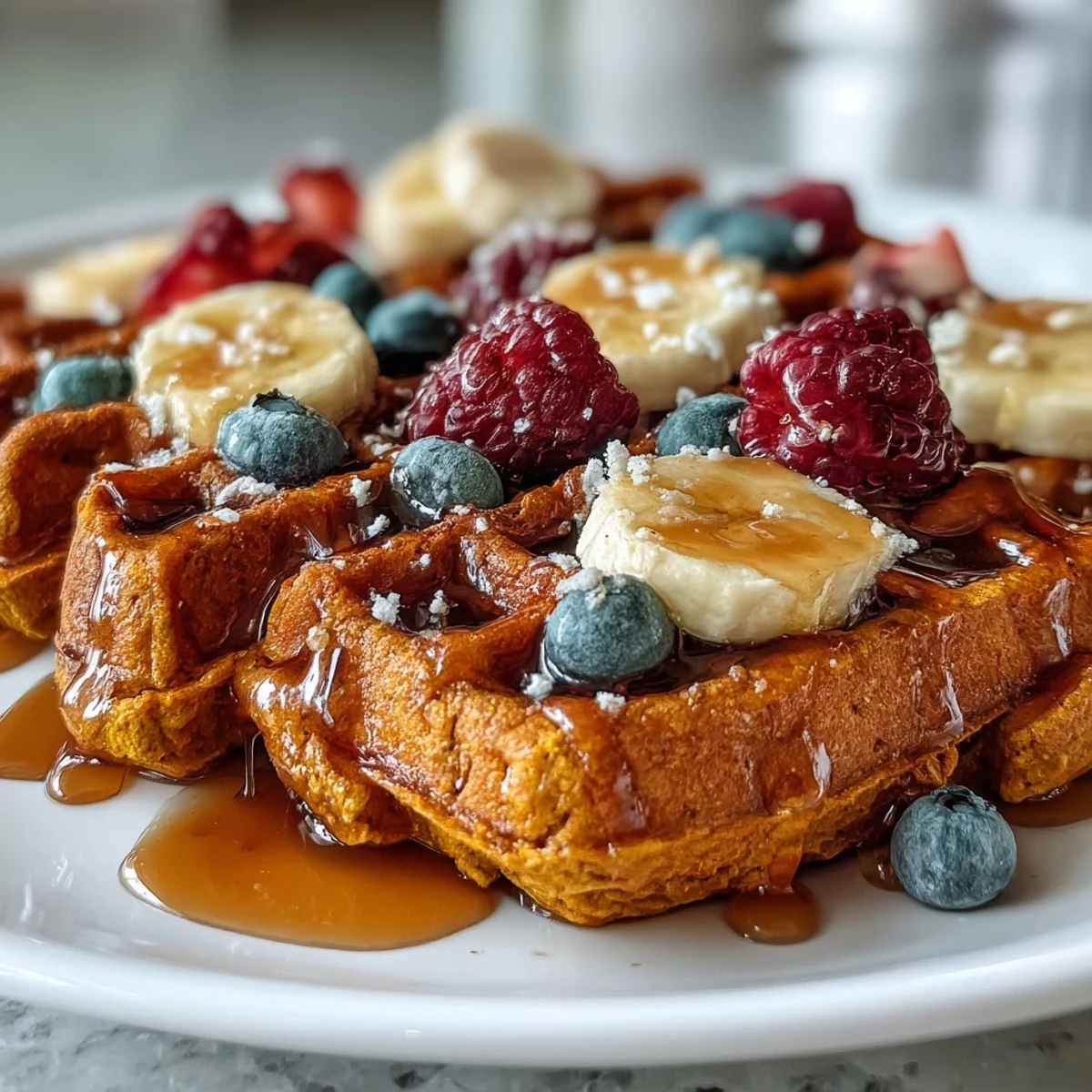 Golden Anti-Inflammatory Adaptogenic Turmeric Waffles, perfectly crisp from the iron.