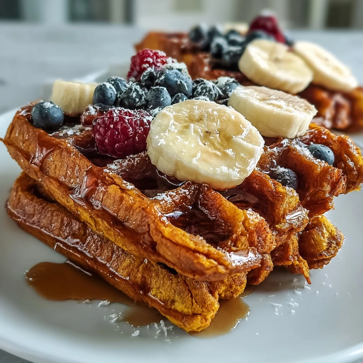 Savor these warm, turmeric-spiced waffles with fresh fruit and syrup.