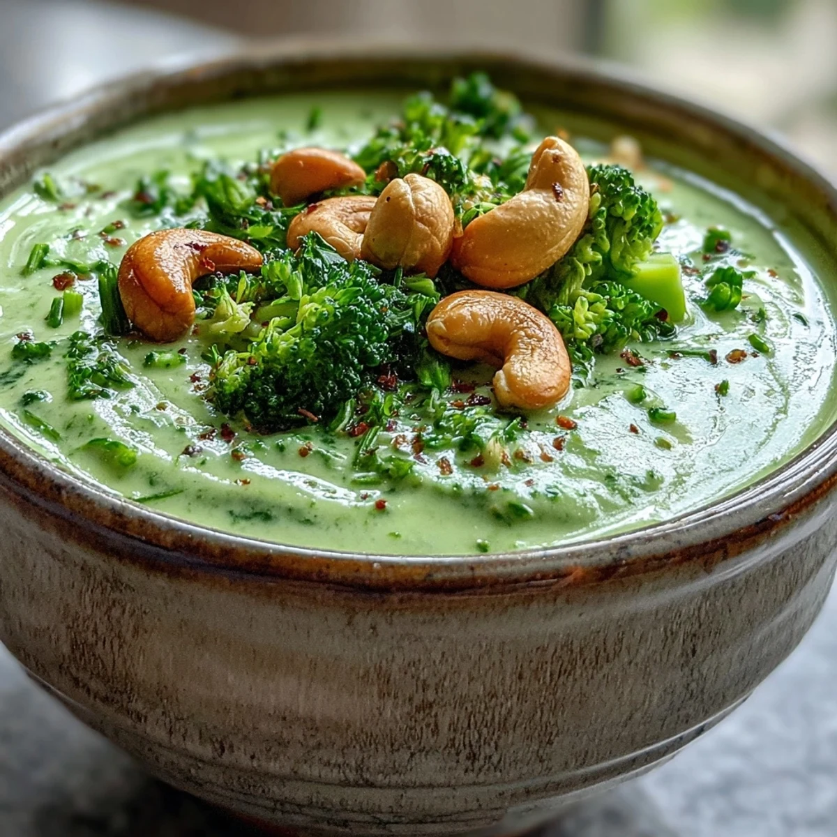 Vibrant Big Green Immunity-Boosting Vegetable Soup swirled, garnished with fresh greens.