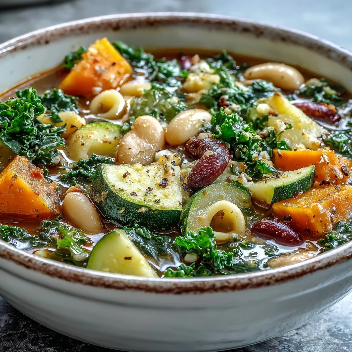 Hearty Winter Minestrone Soup brimming with colorful vegetables, perfect for a cozy mealtime.