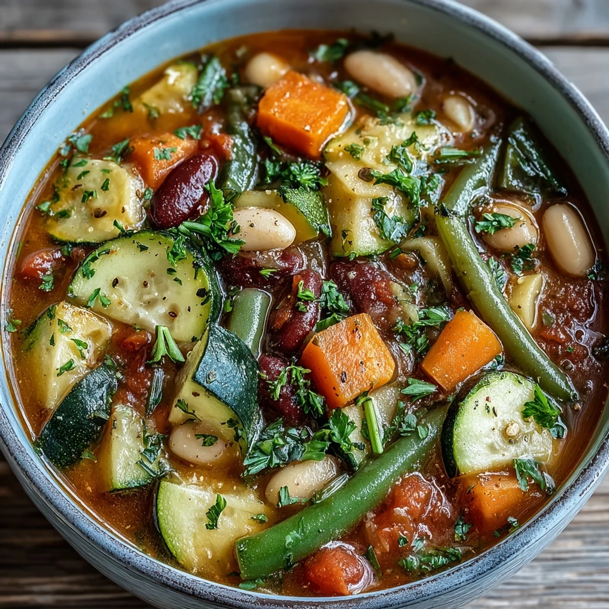 Hearty minestrone soup, full of colorful vegetables and pasta, served steaming hot.