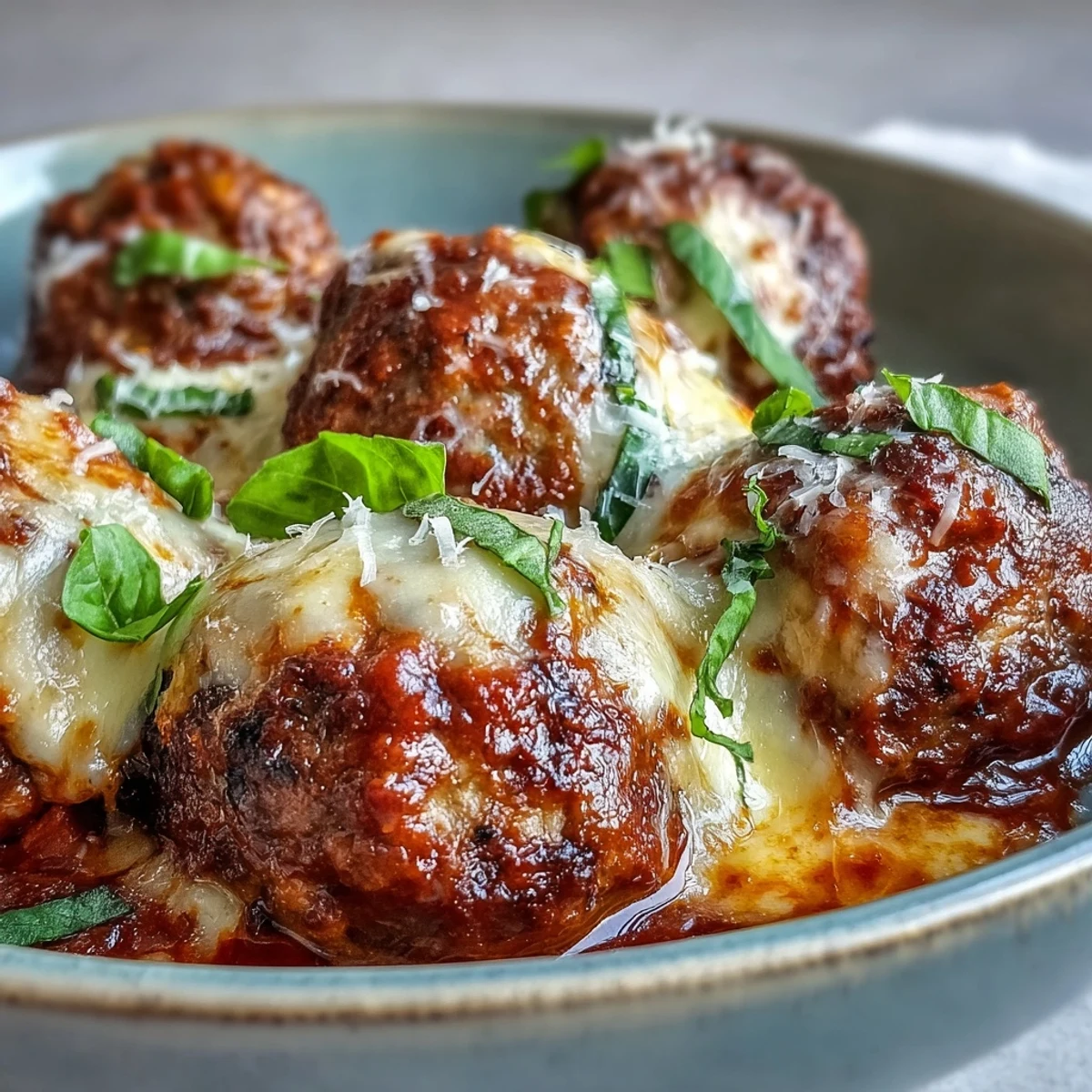 Golden-brown Cheesy, Garlicky Meatballs With Marinara rest in a skillet topped with fresh basil and grated Parmesan.
