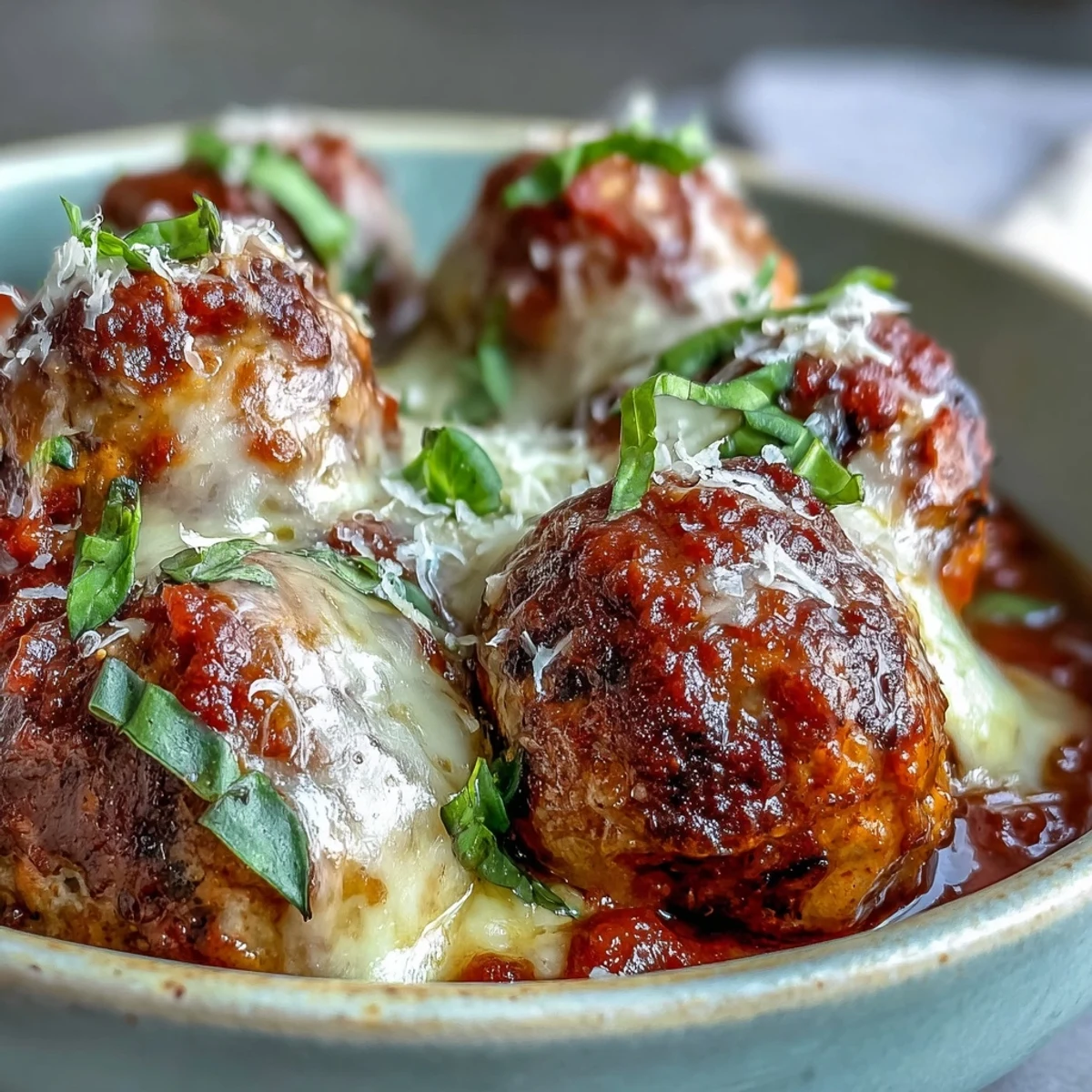 Steaming Cheesy, Garlicky Meatballs With Marinara are served over a bed of spaghetti for a family-style Italian dinner.
