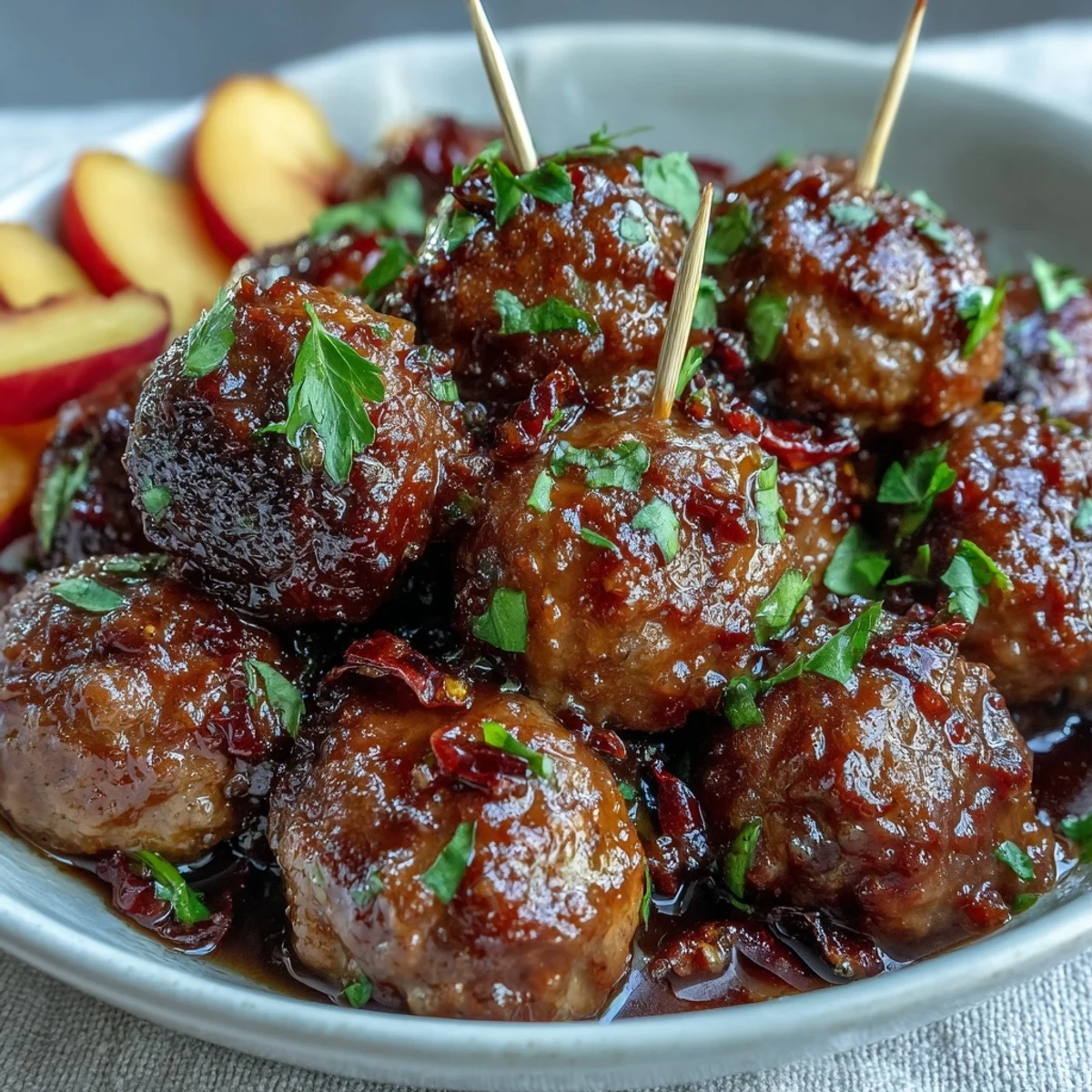 Slow cooker Peach Glazed Meatballs glisten in a rich, tangy glaze with visible specks of red pepper.