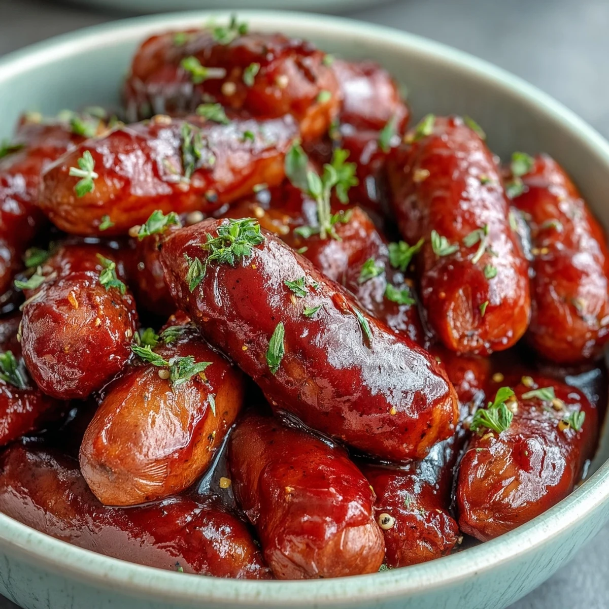Savory Crock Pot BBQ Cocktail Sausage served from the slow cooker, garnished with fresh parsley and ready to eat.