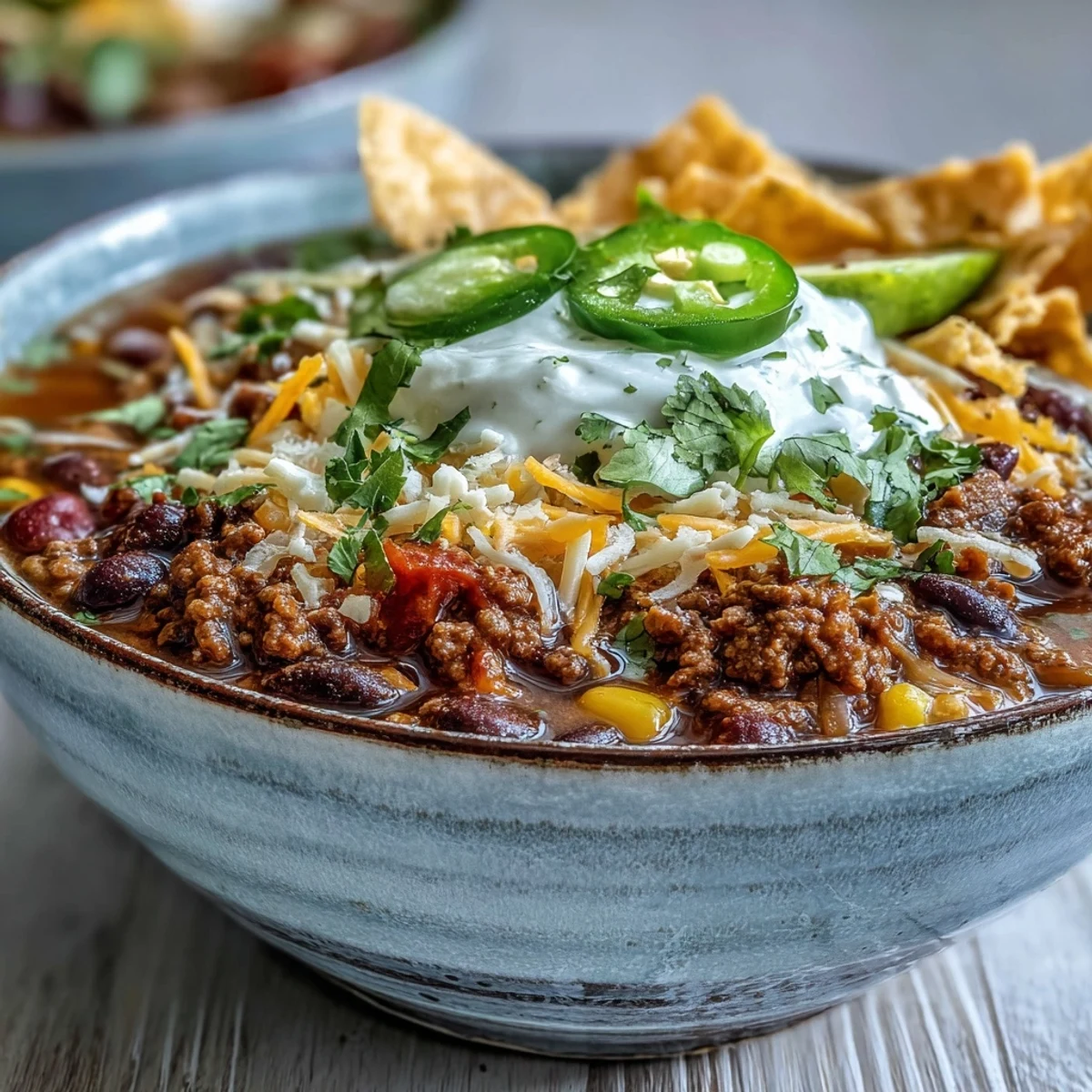Ground beef and bean Taco Soup simmering in a pot with red bell peppers and onions.
