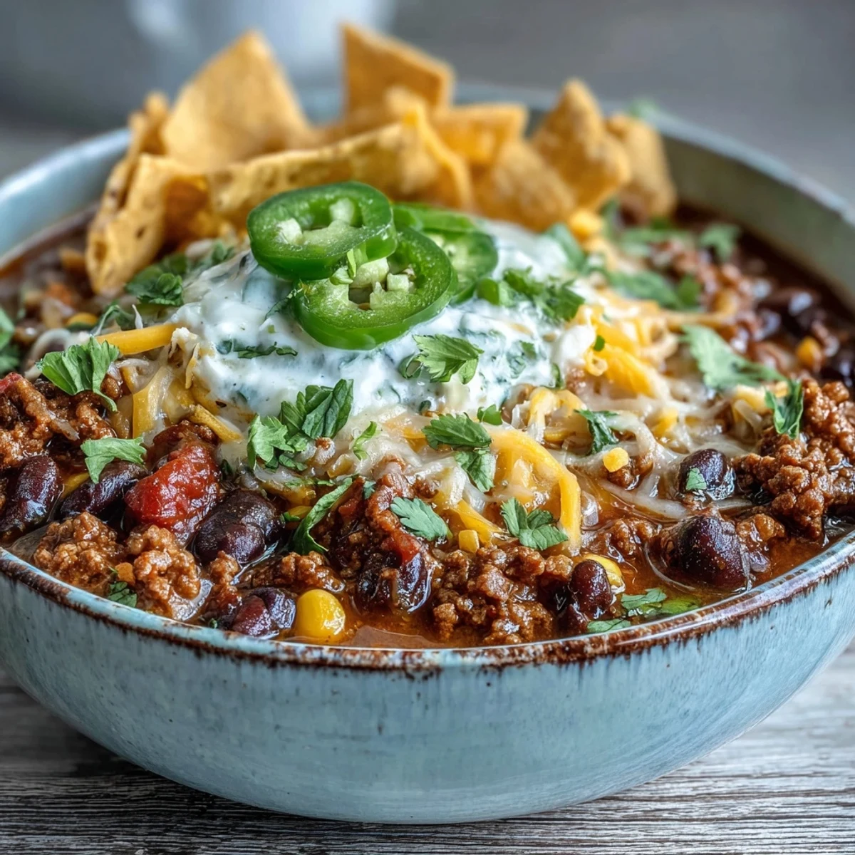 Hearty Taco Soup served with lime wedges and crushed tortilla chips on a rustic table.
