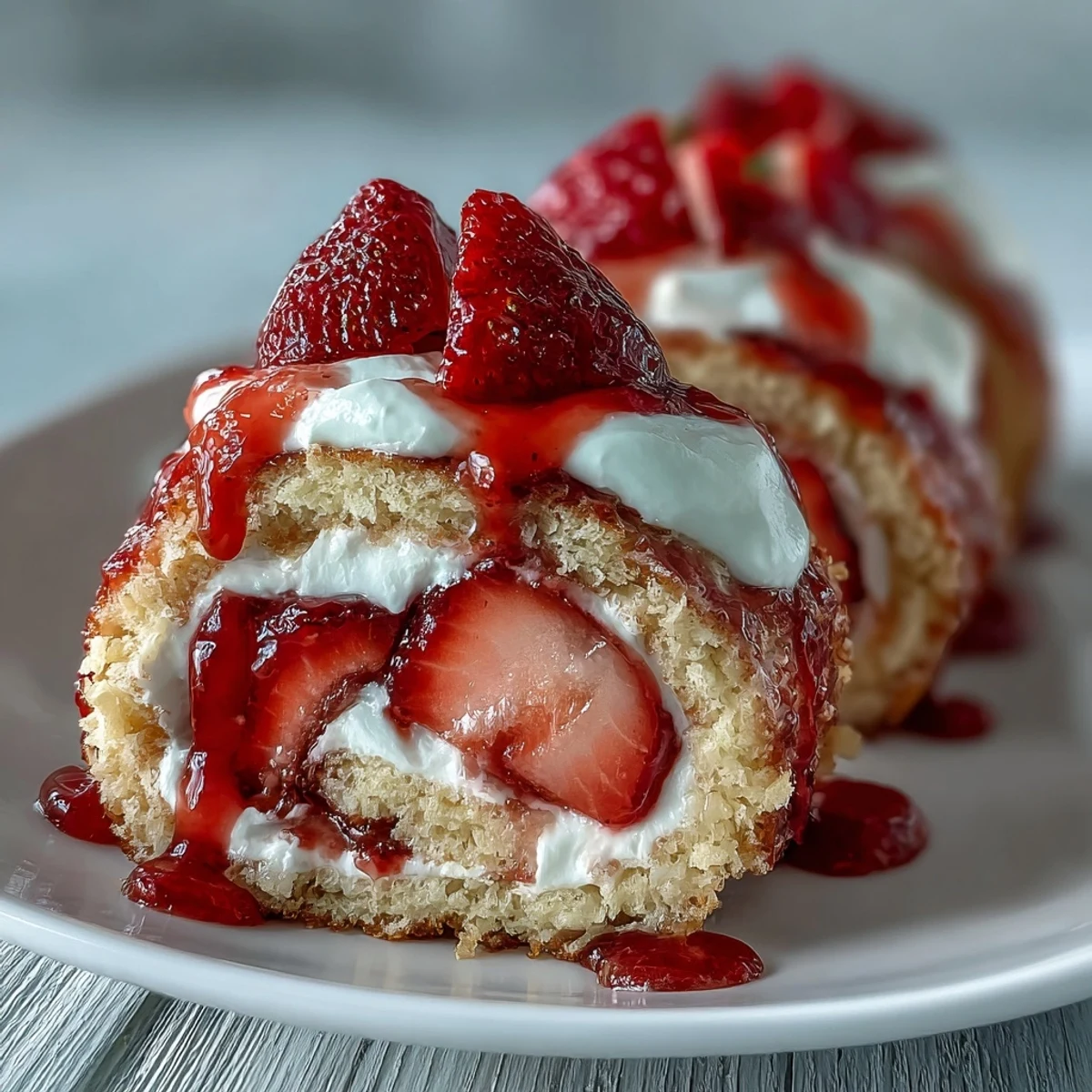 A whole Strawberry Shortcake Sushi Roll on a white plate, drizzled with strawberry sauce and garnished with mint leaves. 