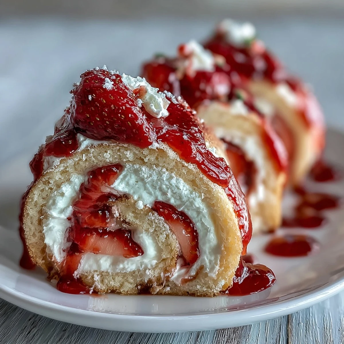 Chef's hands assembling a Strawberry Shortcake Sushi Roll, spreading whipped cream on crepes with sponge cake strips.