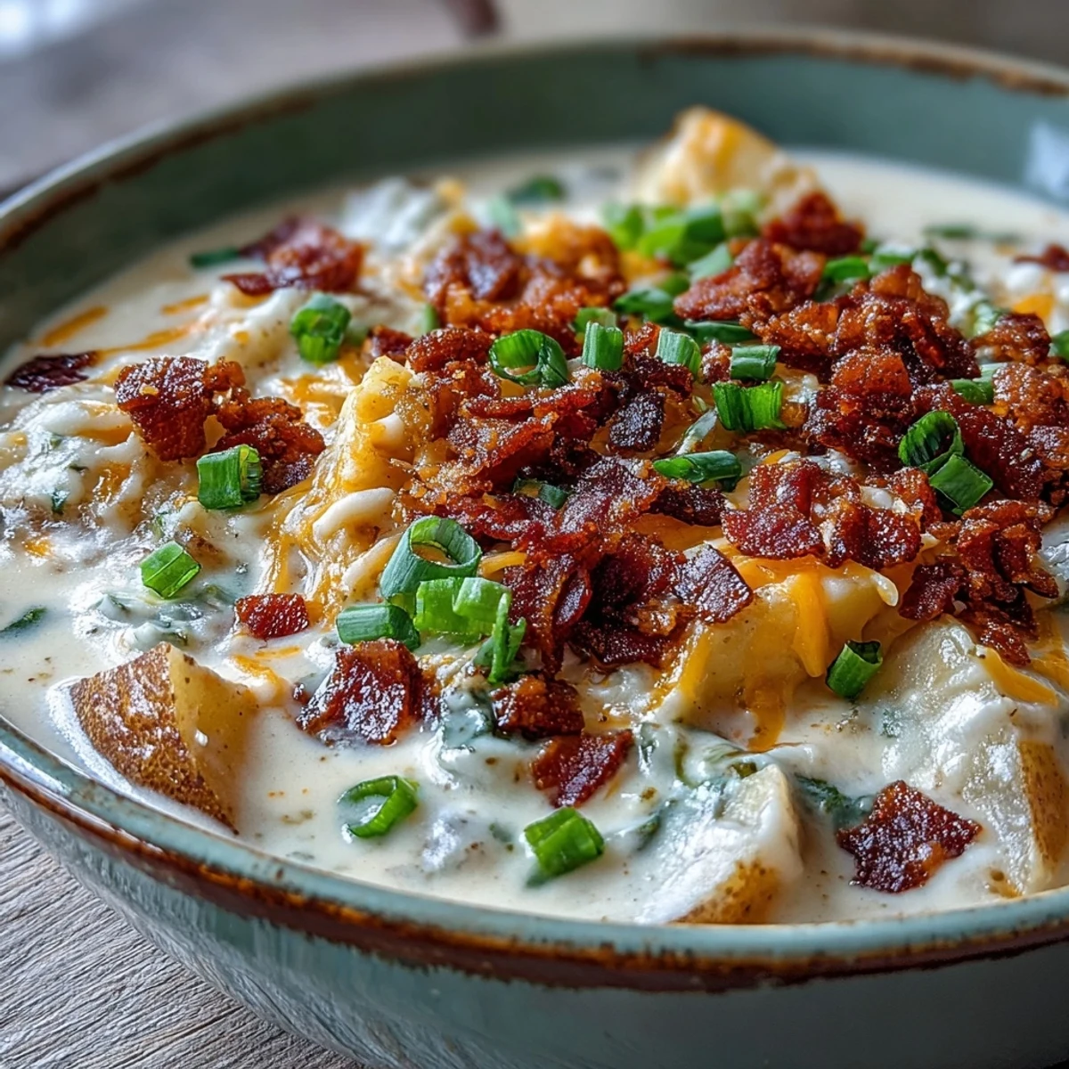 Hearty Loaded Potato Soup served in a rustic bowl, topped with crispy bacon crumbles and fresh green onions.