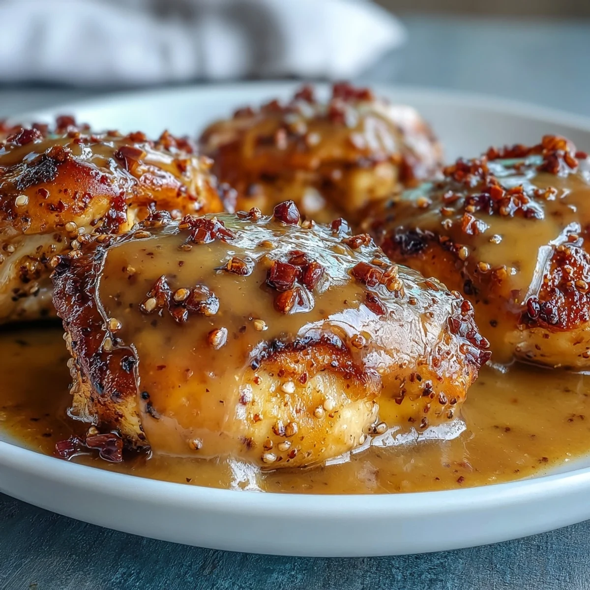 Tender chicken breasts coated in Slow Cooker Honey Mustard Chicken, bathed in a glossy, velvety sauce dotted with whole grain mustard.