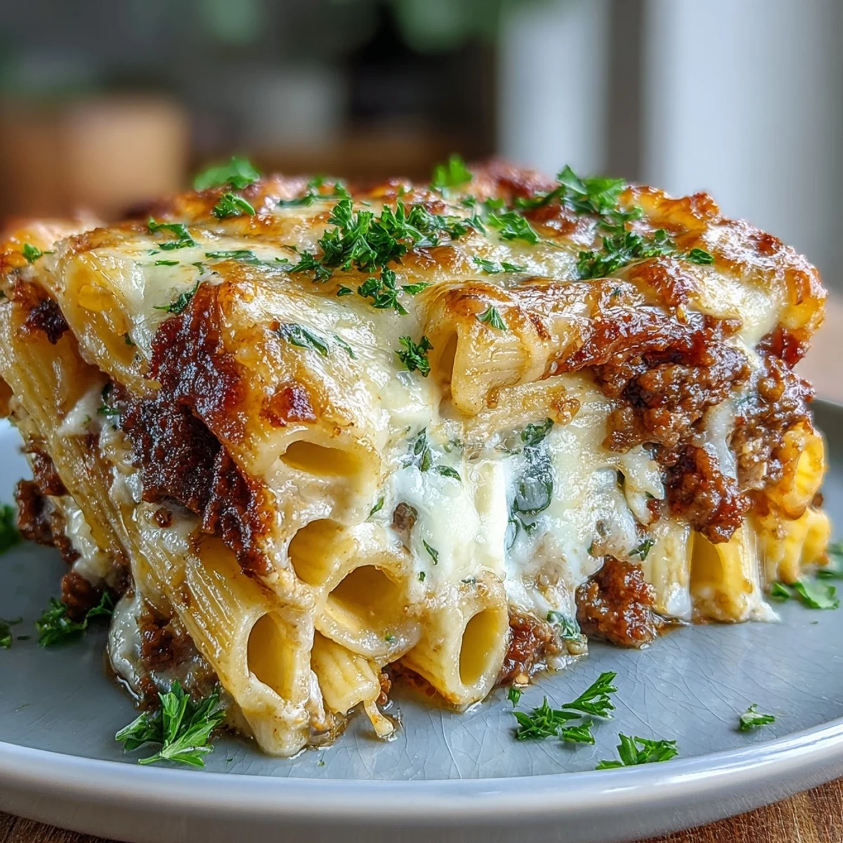 Savory Cottage Cheese Protein Pasta Bake with Ground Beef emerges golden and bubbling, served in a dish with fresh parsley garnish.