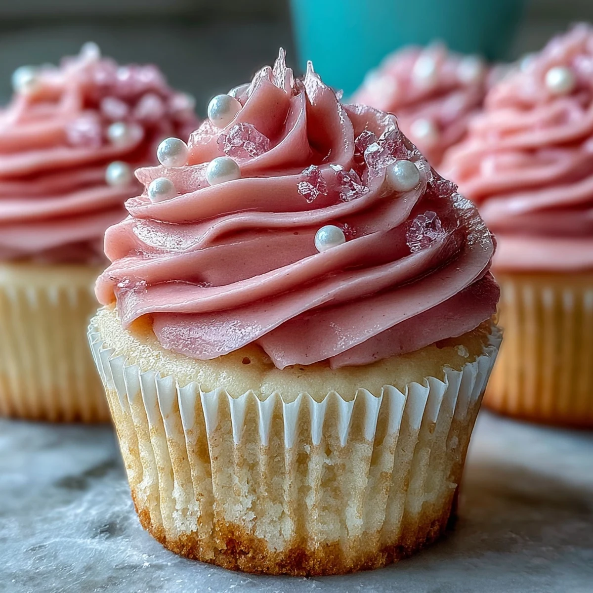 Freshly frosted Pink Velvet Cupcakes with vanilla buttercream are arranged on a wire cooling rack.