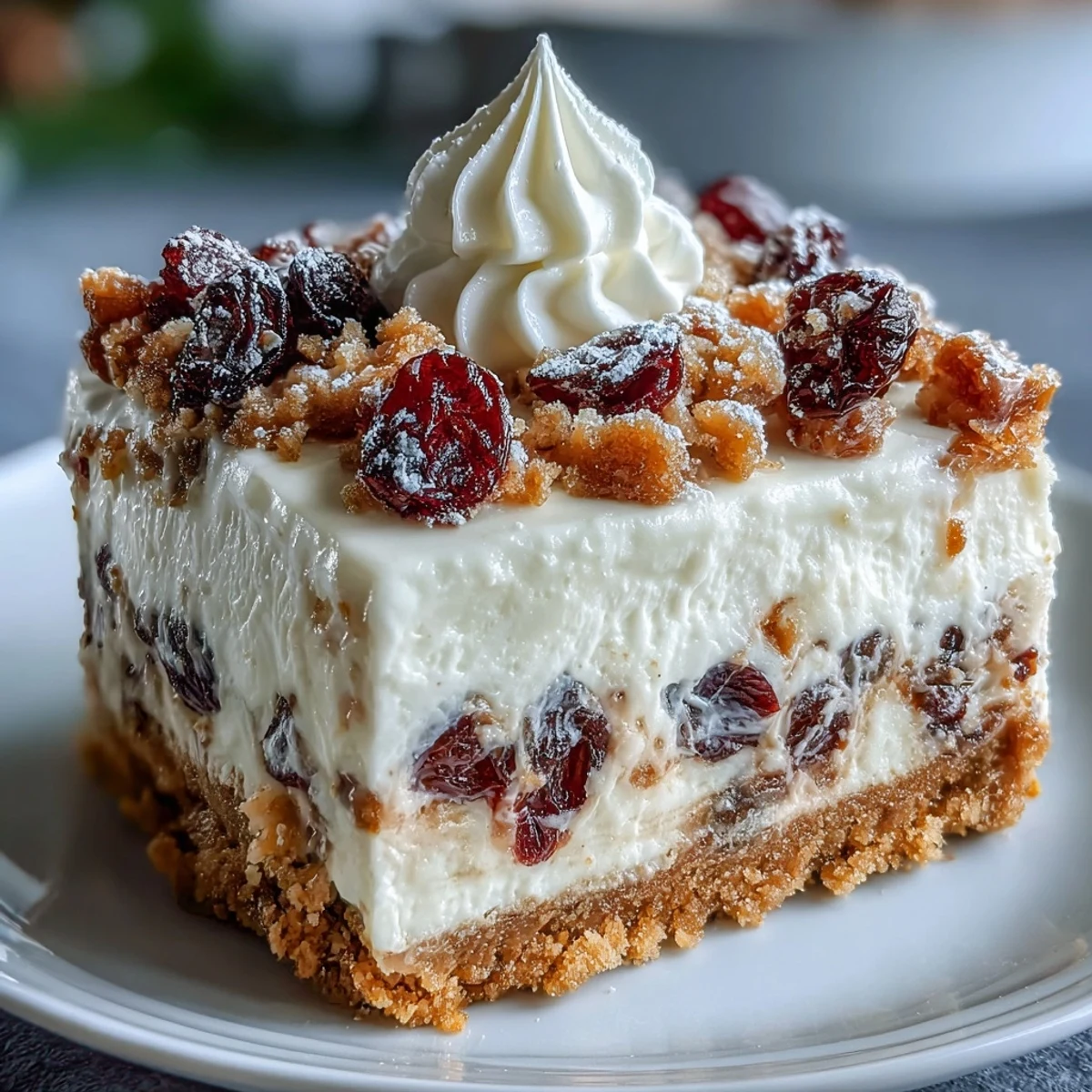 Golden squares of Christmas Cheesecake Slab topped with fluffy whipped cream and a snowy dusting of powdered sugar.