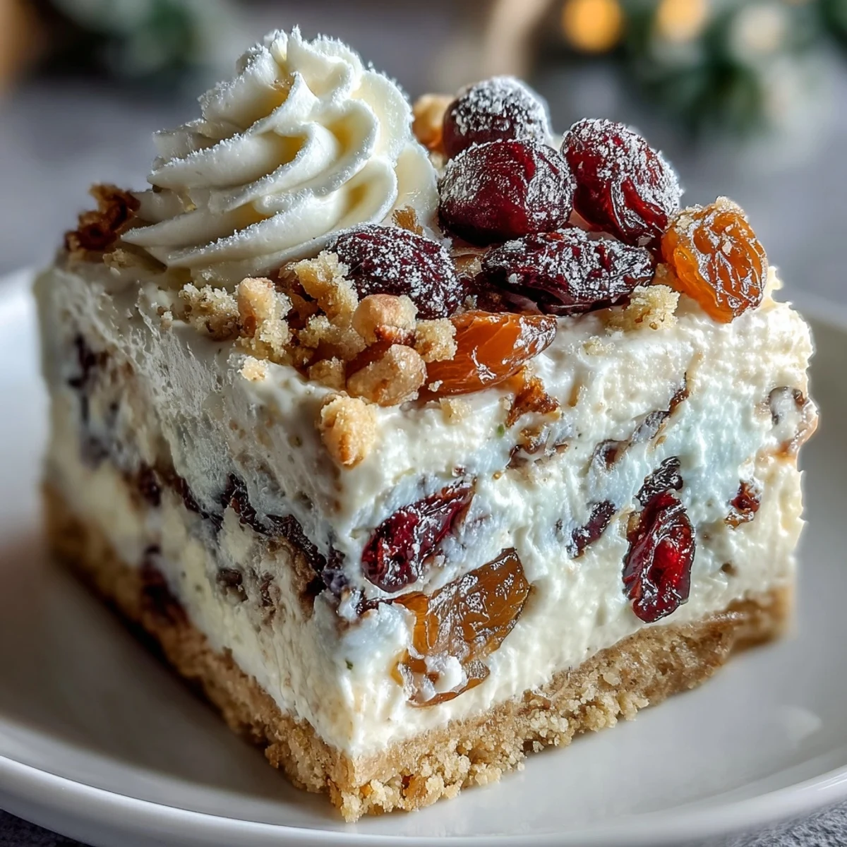 Spiced Christmas Cheesecake Slab with a crunchy biscuit crust and studded with vibrant dried cranberries and cherries.