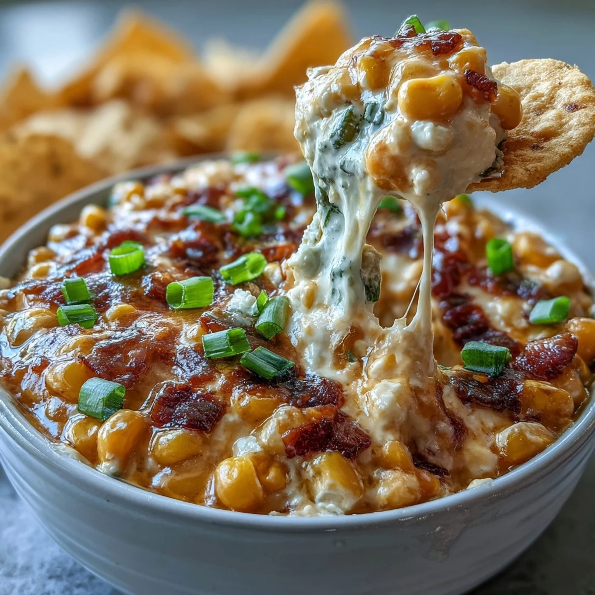 Creamy, warm Crack Corn Dip baked until bubbly, served in a bowl with crunchy tortilla chips for dipping.