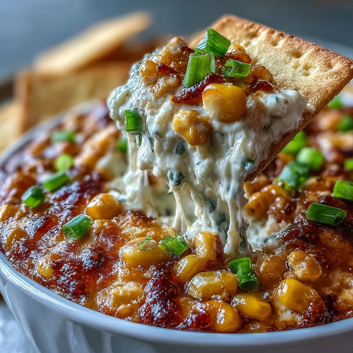 Vibrant Crack Corn Dip topped with green onions and jalapeños in a serving bowl surrounded by tortilla chips.