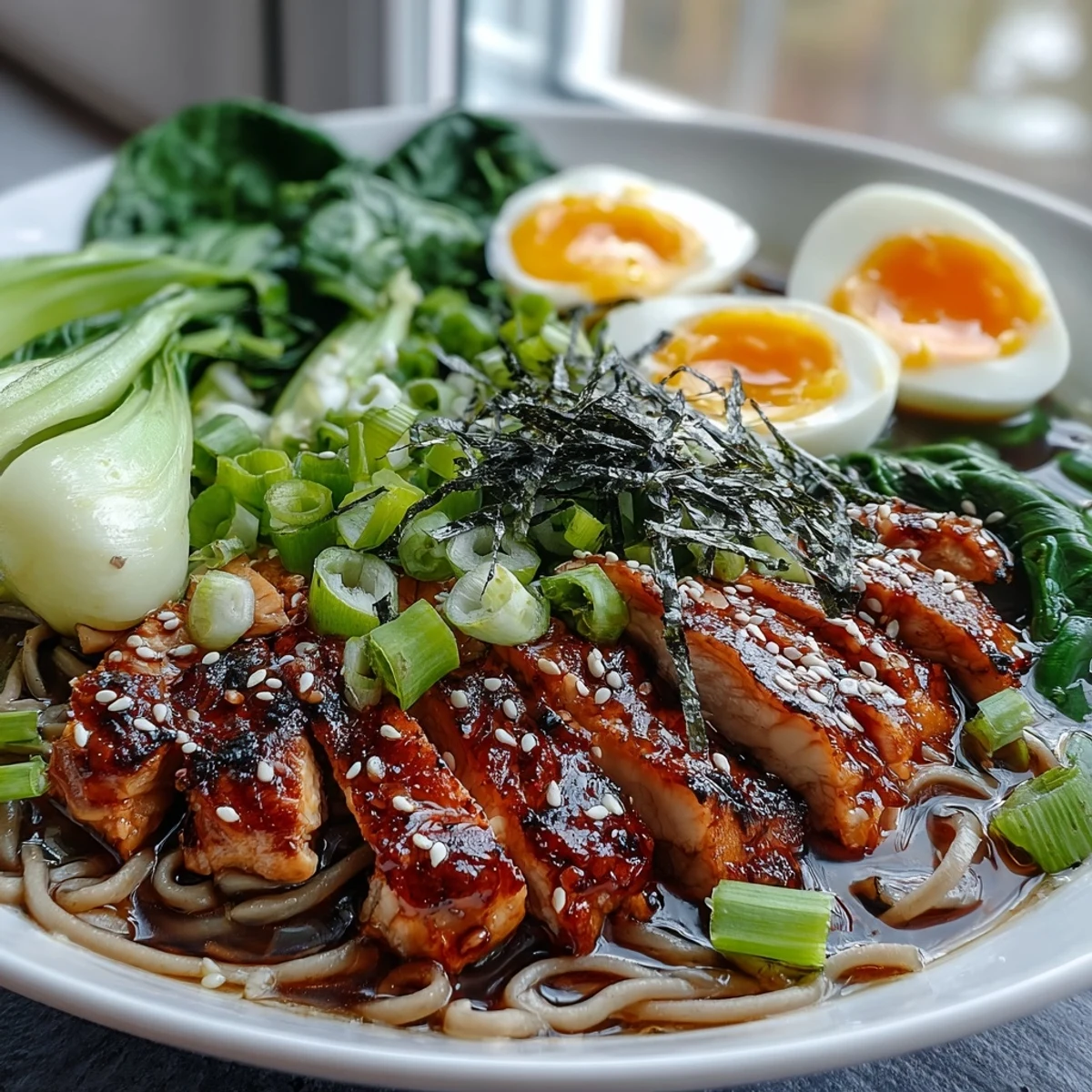 Close-up of Healthy Miso Chicken Noodle Bowls highlighting rich broth, chewy soba noodles, and fresh cilantro.