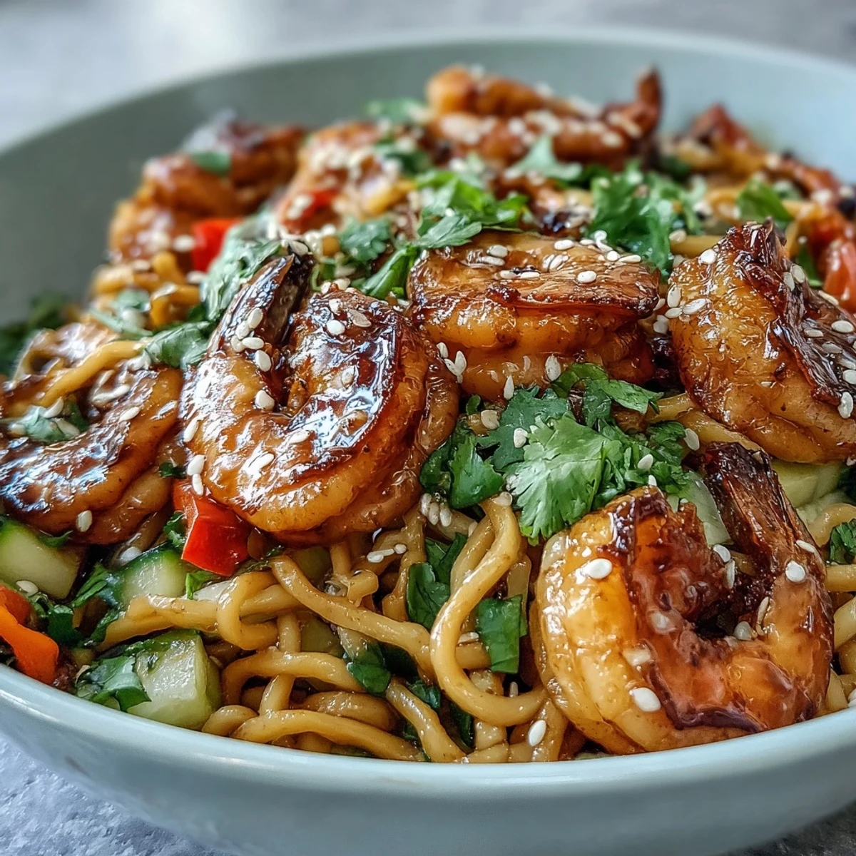 Succulent grilled shrimp rest on sesame noodles with crisp cucumber, carrot, and cilantro in a white bowl.