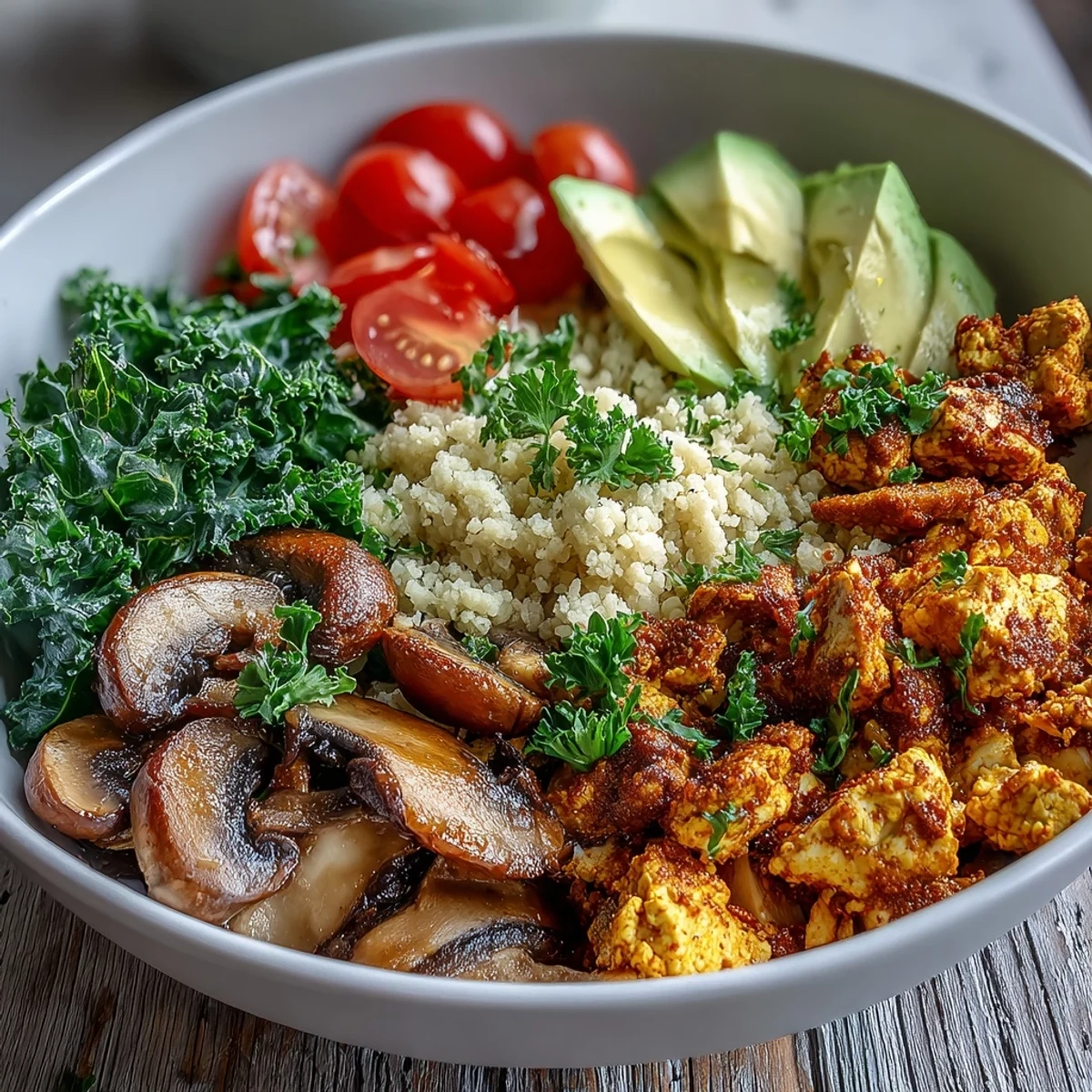 Hearty scrambled tofu breakfast bowl topped with creamy avocado and fresh parsley for brunch.
