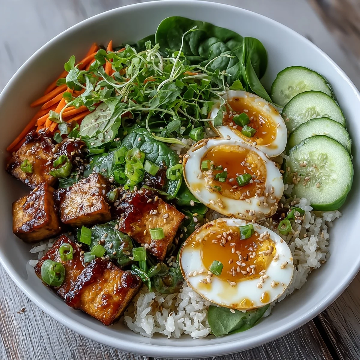 Healthy Tofu Jammy Egg Breakfast Bowl with golden tofu, halved jammy egg, rice, greens, and cilantro garnish, served warm.