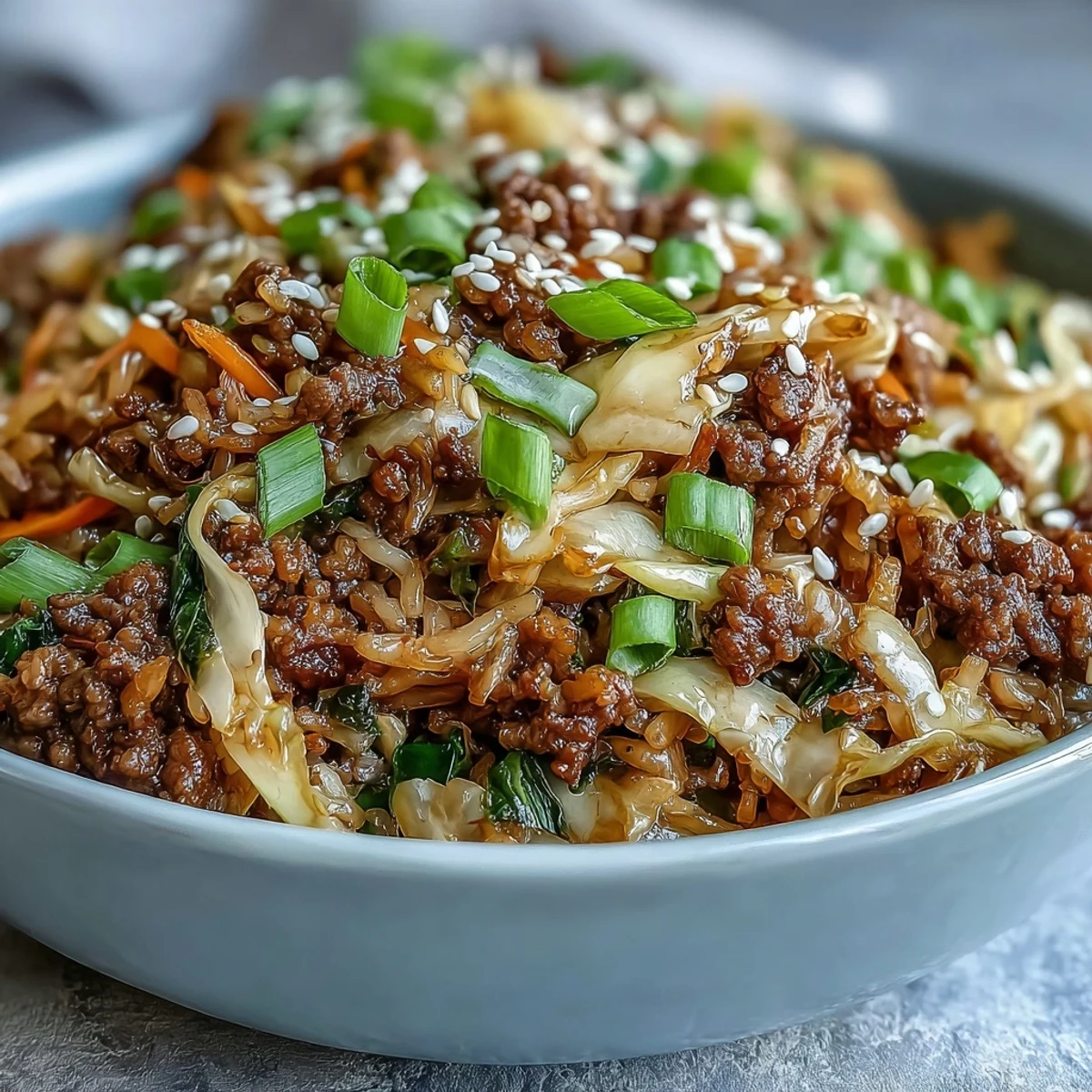 Golden-brown ground pork sautéed with ginger, garlic, and onions in a skillet for Egg Roll in a Bowl.
