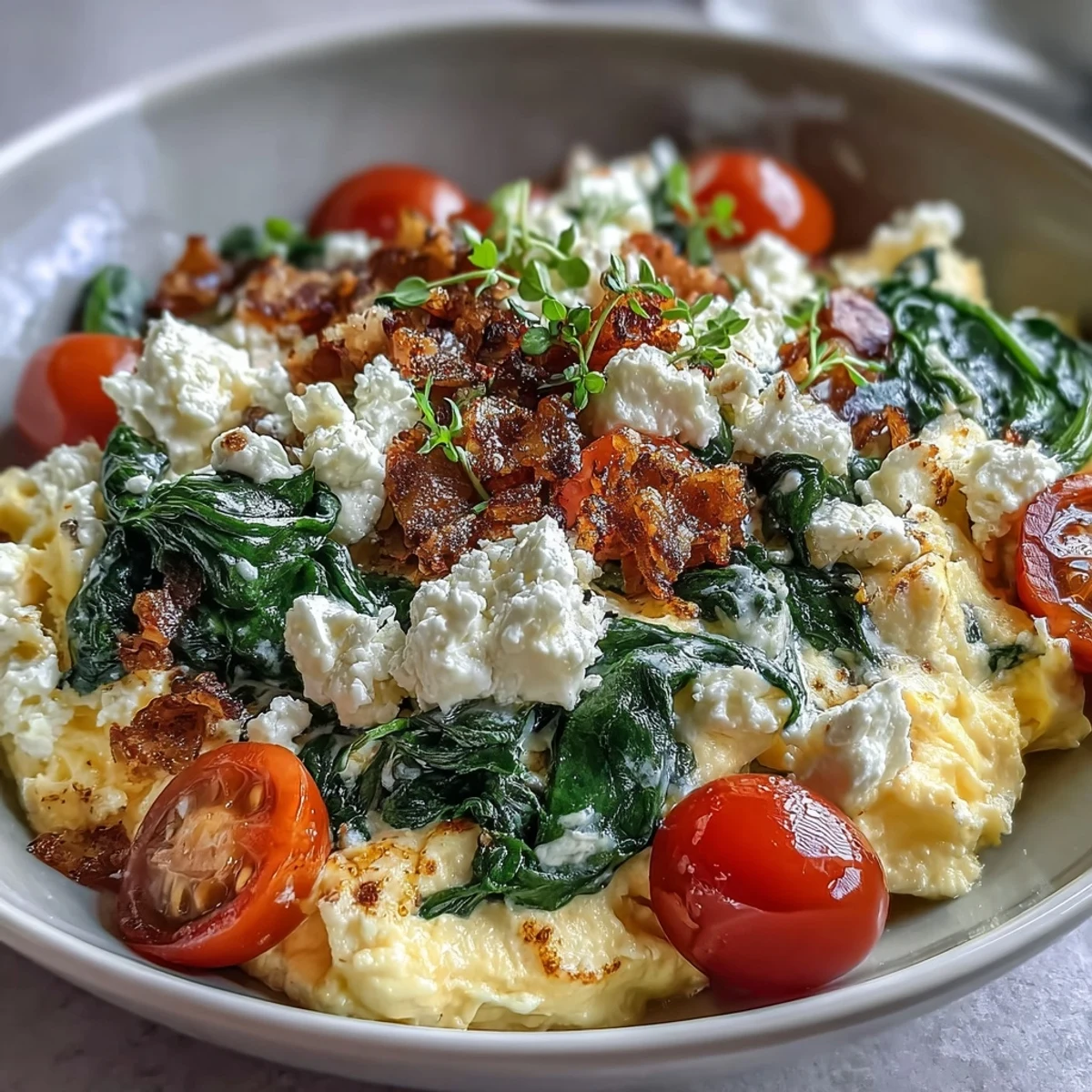 Two bowls of Spinach and Feta Breakfast Bowl with creamy scrambled eggs, sautéed spinach, and halved cherry tomatoes garnished with fresh parsley.