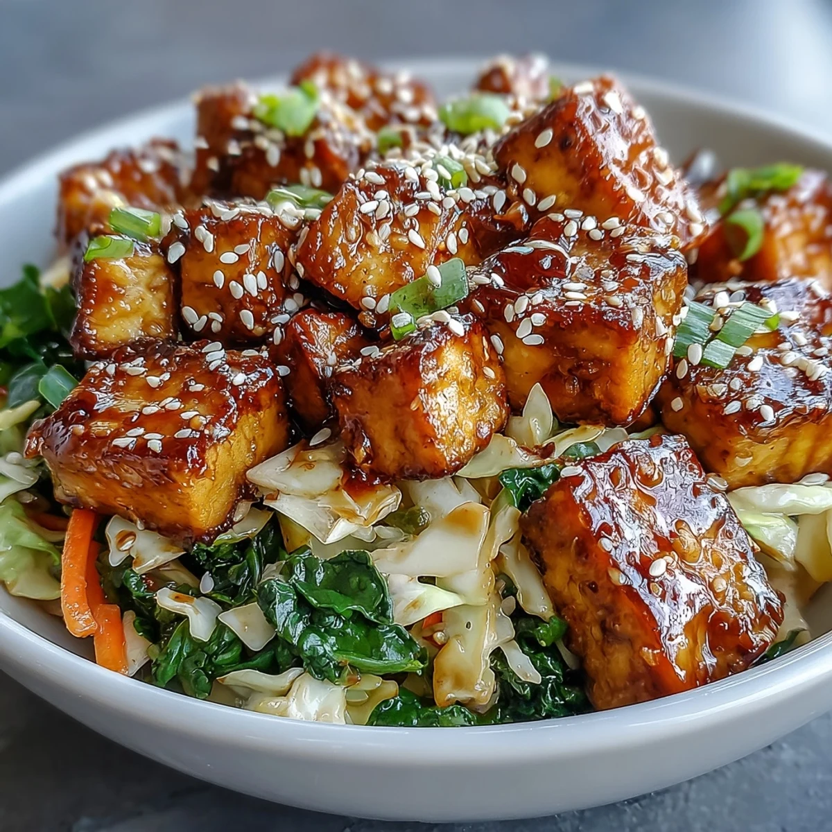 Golden pan-fried tofu cubes tossed with cabbage, kale, and carrots in a glossy sesame-ginger sauce.