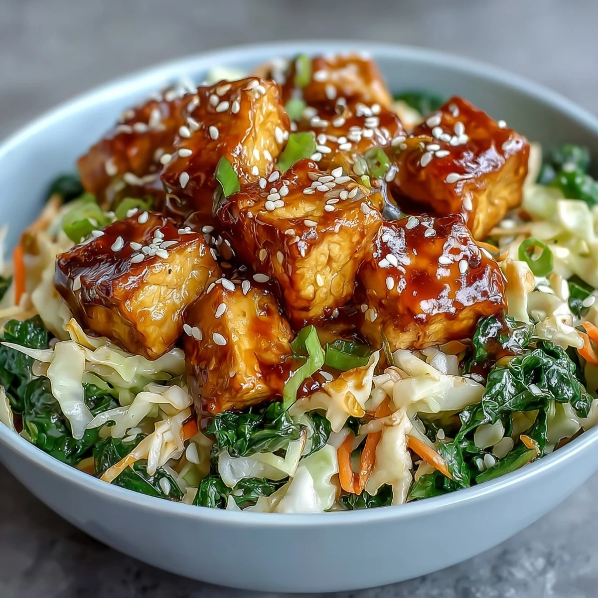 A hearty serving of Tofu Egg Roll in a Bowl topped with sesame seeds and fresh green onions.