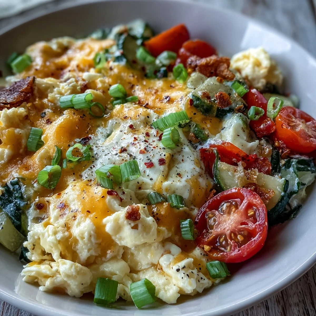 A top-down view of a scrambled egg and veggie bowl with cherry tomatoes and spinach.