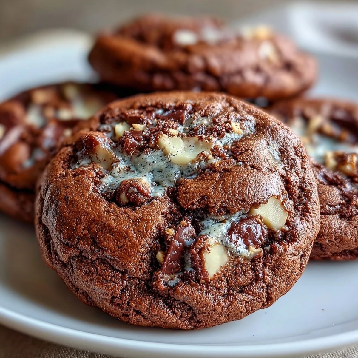 Golden-edged Hojicha Brownie Cookies stacked on a plate, showcasing a chewy texture and nutty roasted green tea aroma.