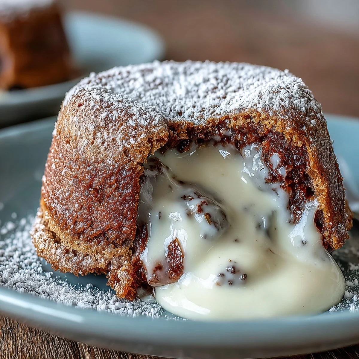 Freshly baked Hojicha White Chocolate Lava Cake releasing a rich, roasted tea aroma with a molten white chocolate center on a white plate.