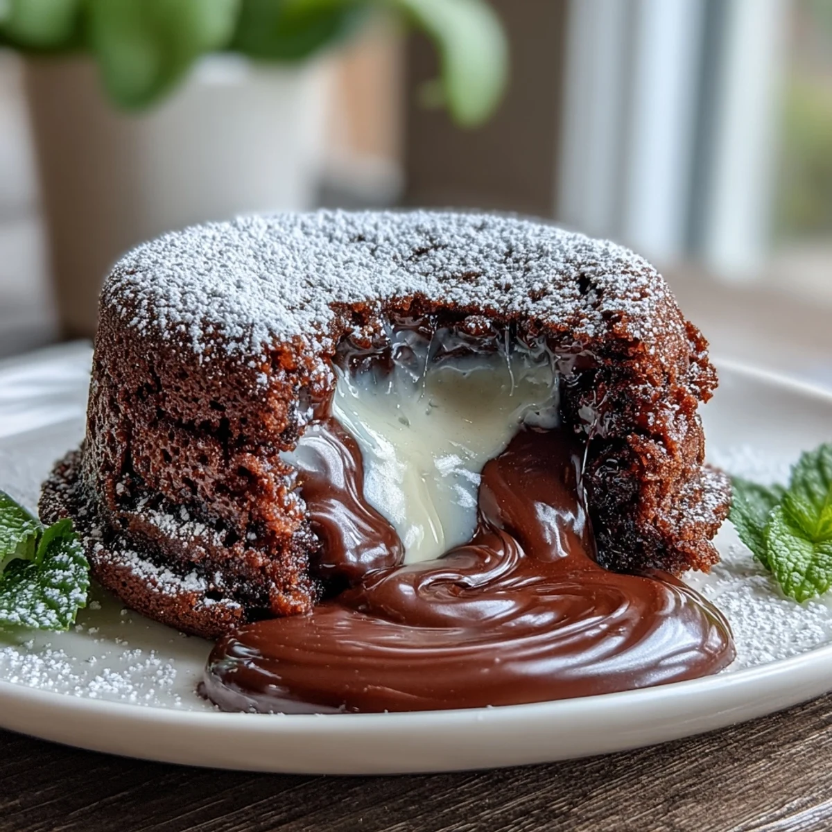 Freshly baked Hojicha Lava Cake releasing a molten roasted green tea and white chocolate center.