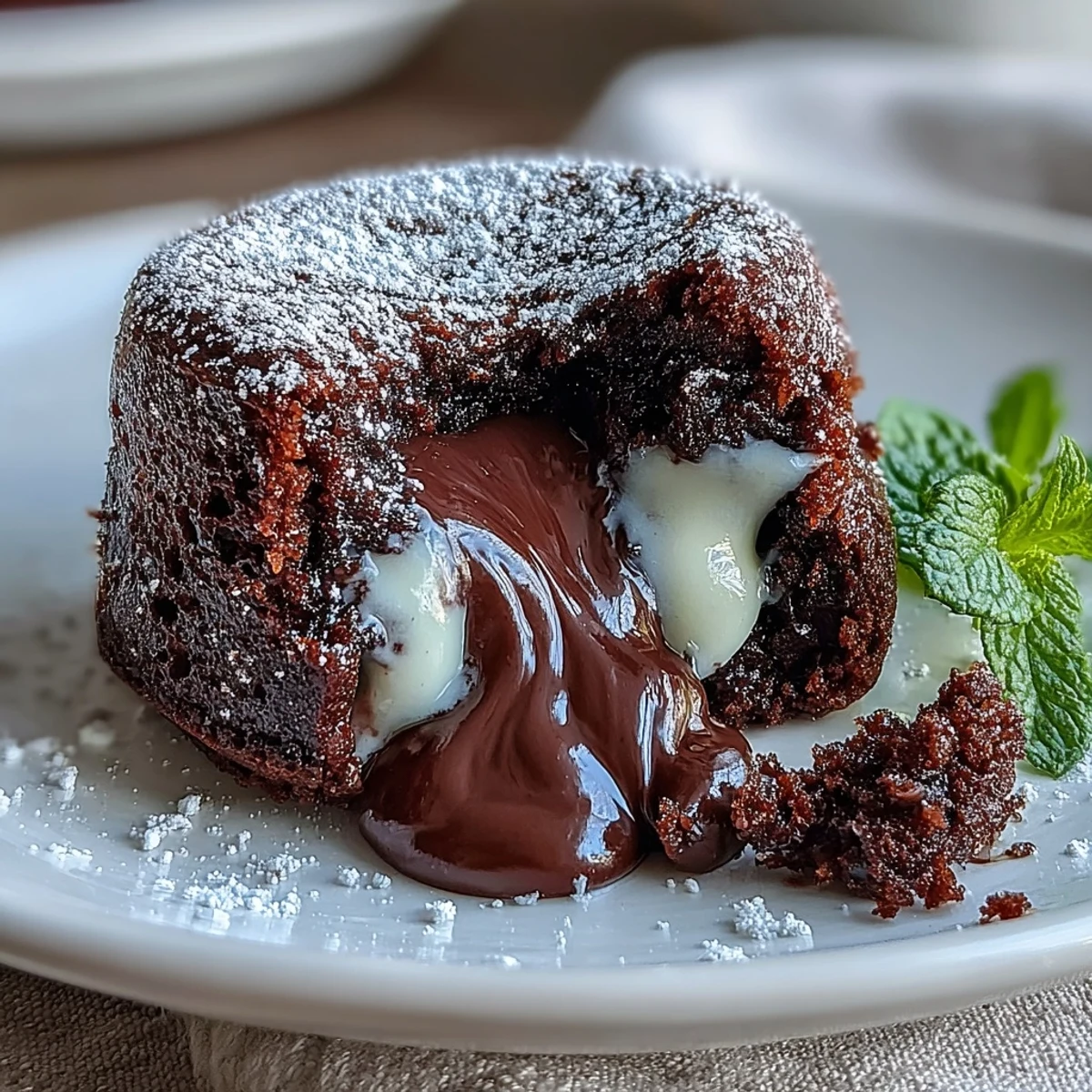 Golden Hojicha Lava Cake with a dusting of powdered sugar, showcasing its rich, earthy color.